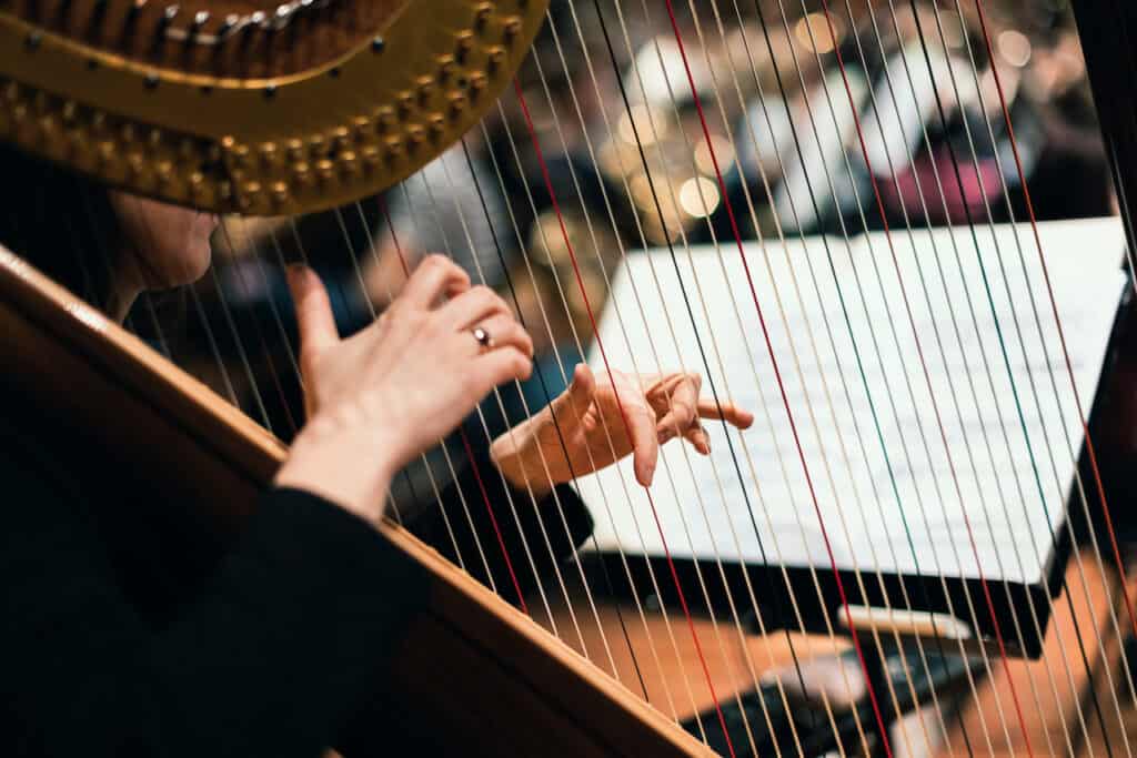 A harpist plays with a blurred background of sheet music.