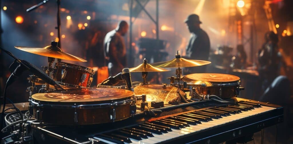 A keyboard and instruments are setup on stage for a jazz performance.